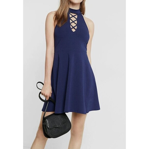NWT Express Blue Knit Dress Sz L Criss Cross Chest Open Back Mini Halter Choker - Picture 4 of 14